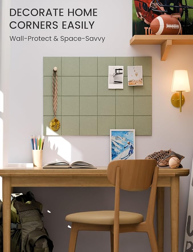 Felt Bulletin Board Tiles -28"x18" Cork Board Alternative for Office Decor, Push Pin Board Wall Organizer 6-Pack - Sage