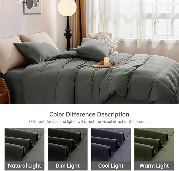JELLYMONI Bedding Duvet Cover Queen Size - 100% Washed Cotton Linen Like Textured Comforter Cover, 3 Pieces Breathable Soft Bedding Set with Zipper Closure (Gray, Queen 90"x90")
