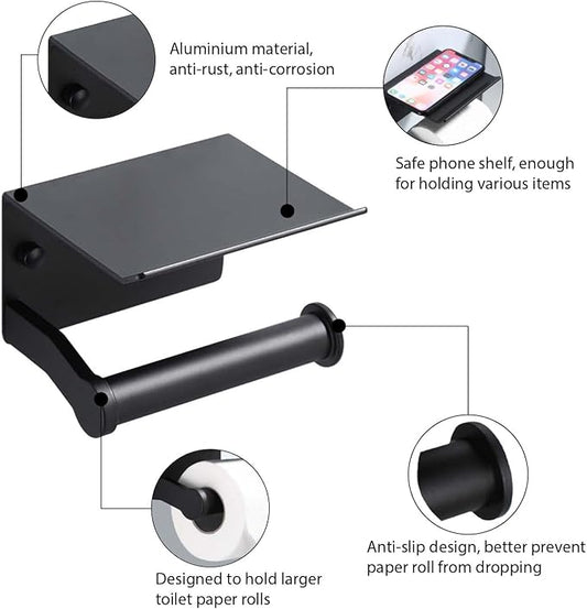 Toilet Paper Holder with Phone Shelf, Self Adhesive Aluminum Tissue Roll Dispenser for Mega Roll, Wall Mounted Toilet Paper Roll Holder for Bathroom, Matte Black