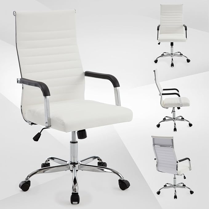 Office Chair, Ergonomic Executive Conference Room Chairs, Ribbed Leather Desk Chair with Lumbar Support, Adjustable Height Mid-Back Swivel Chair (Square Tube Armrests, White)