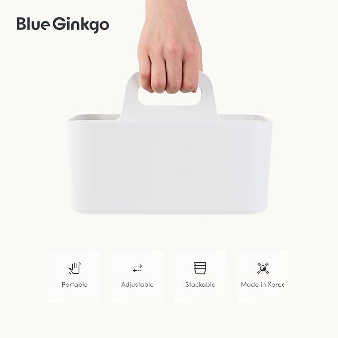 BLUE GINKGO Stackable Organizer Caddy – Korean-Made Portable Tote for Bathroom, Office, Crafts, or School Supplies (Rectangle, White)