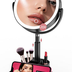 Shinowa Makeup Mirror with Lights, 1X/20X Lighted Magnifying Mirror with Storage for Makeup & Jewelry, 2-Sided Height Adjustable Vanity Mirror with 3 Color Lights, 360° Rotation & Rechargeable, Black