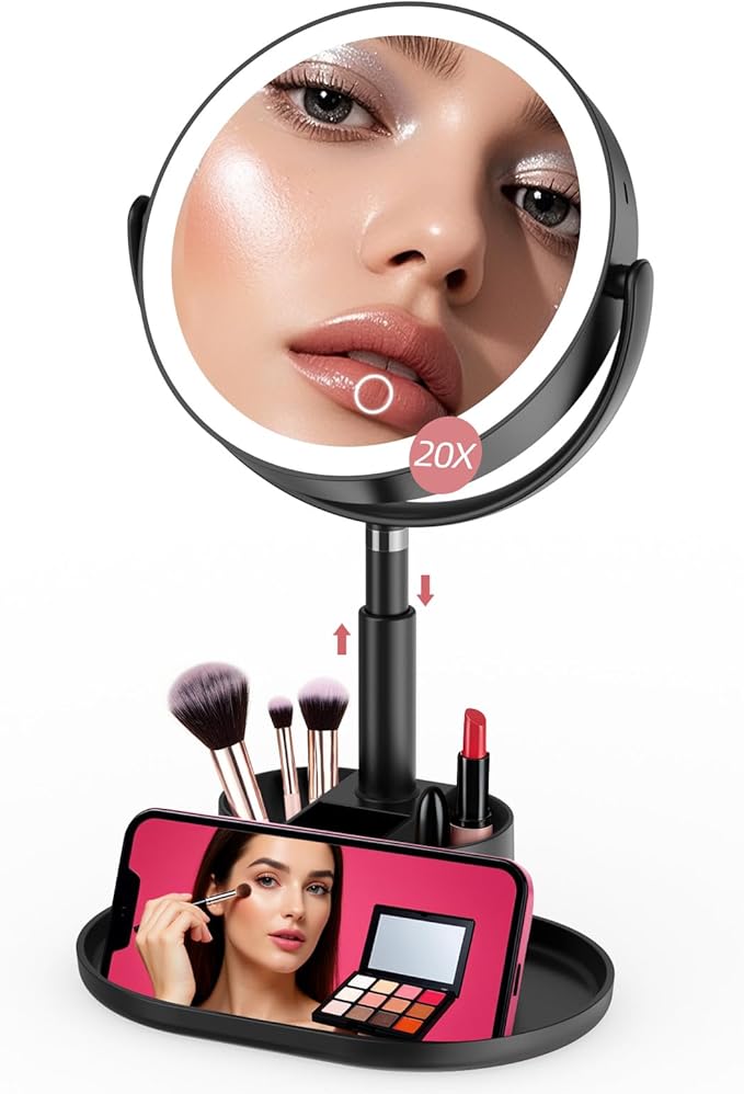 Shinowa Makeup Mirror with Lights, 1X/20X Lighted Magnifying Mirror with Storage for Makeup & Jewelry, 2-Sided Height Adjustable Vanity Mirror with 3 Color Lights, 360° Rotation & Rechargeable, Black