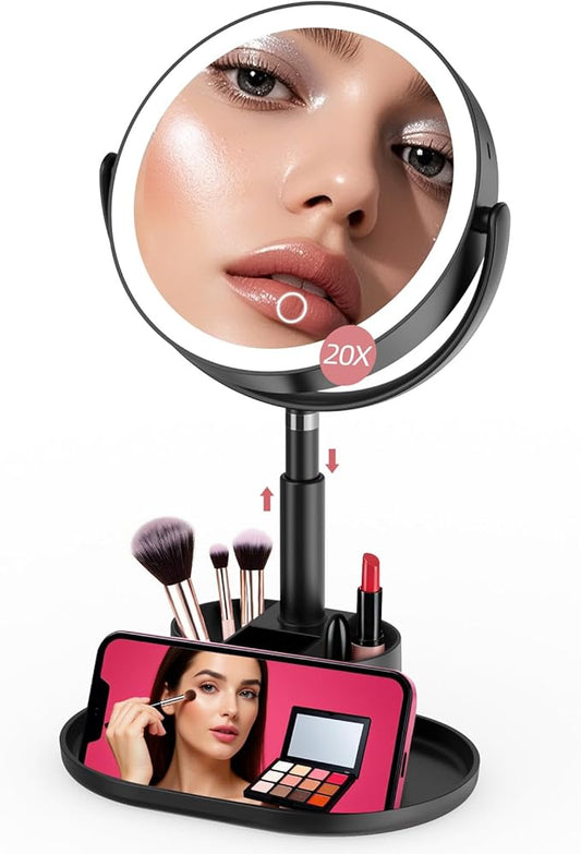 Shinowa Makeup Mirror with Lights, 1X/20X Lighted Magnifying Mirror with Storage for Makeup & Jewelry, 2-Sided Height Adjustable Vanity Mirror with 3 Color Lights, 360° Rotation & Rechargeable, Black