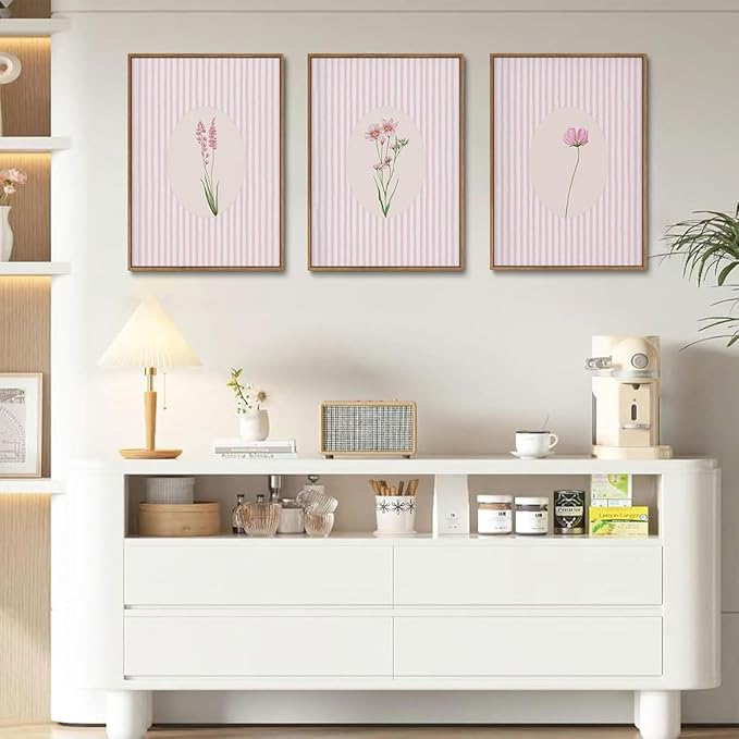 KISSFOX 3 Piece Framed Wall Art Botanical Wall Decor Pink Floral Pictures Wildflower Canvas Art Striped Minimalist Paintings Boho Artwork For Girly Room Bedroom Apartment Dorm Living Room