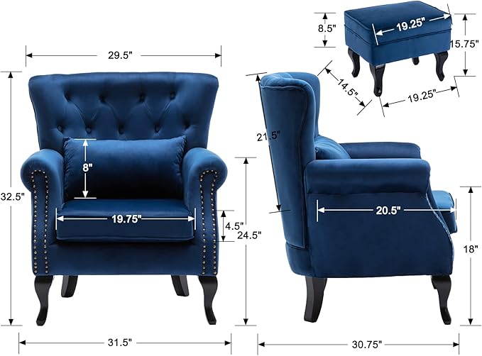 Accent Chairs with Ottoman Set of 2 Velvet Wingback Club Chair Upholstered Reading Chair Lounge Chairs with Wood Legs/Button Tufted Back for Bedroom Living Room, Blue