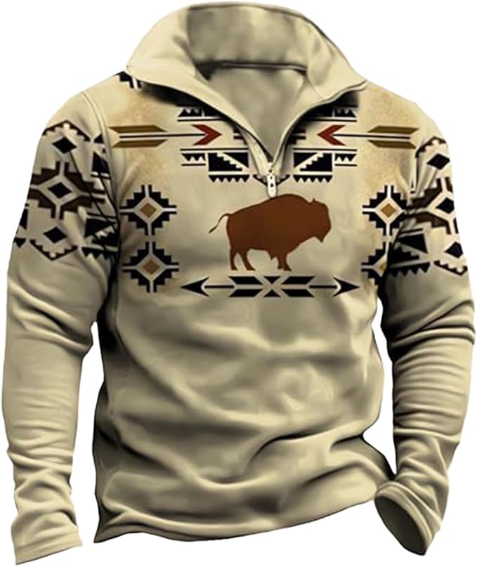 Western Sweatshirts for Men Aztec Cowboy Vintage Graphic Fleece Hoodie Mens Quarter Zip Pullover Country Jacket