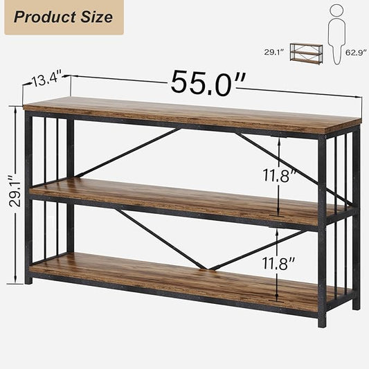 HSH Horizontal Bookshelf, Wood Metal Low Bookcase with Storage, Open 3 Tier Etagere Book Shelf for Office Bedroom Living Room, Rustic Brown, 55 Inch