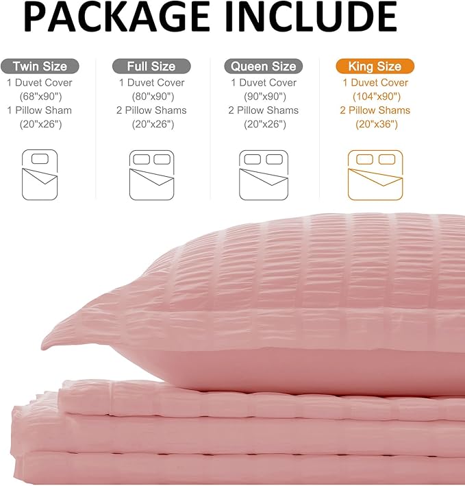 Cozyide Pink Duvet Cover King Size, 3 Pieces Bedding Duvet Covers, Soft Breathable Seersucker Duvet Cover Set with Zipper Closure and Corner Ties (1 Duvet Cover 104"x90" + 2 Pillow Shams 20"x36")