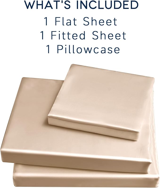 Satin Sheets Twin Size - 3 Pieces Luxury Silky Soft Bed Sheets, Wrinkle-Free Champagne Satin Silk Sheet Set with 1 Deep Pocket Fitted Sheet, 1 Flat Sheet, 1 Pillow Case