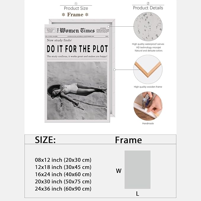 Vintage Women Times Do It for The Plot Wall Art Trendy Black and White Canvas Print Poster Vintage Woman Times Newspaper Prints Beachy Hot Girl Wall Decor for Bar Cart Girls Dorm Bedroom 24x36inch Framed