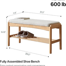 Solid Wood Shoe Bench Assembled, Shoe Rack Bench with Cushion for Entryway, Living Room, Bedroom, Hallway, 11.8
