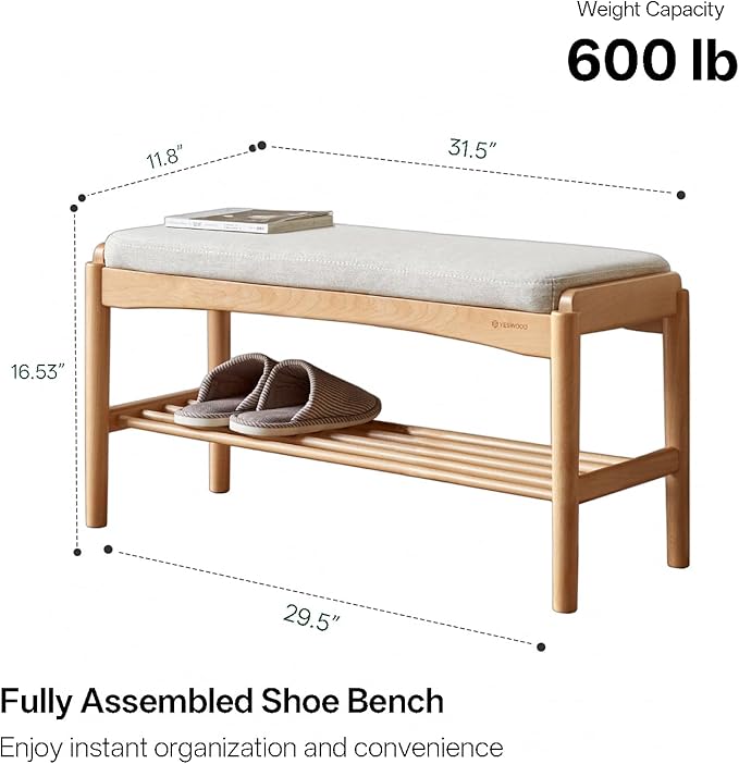 Solid Wood Shoe Bench Assembled, Shoe Rack Bench with Cushion for Entryway, Living Room, Bedroom, Hallway, 11.8" x 31.5" x 16.5", Natural