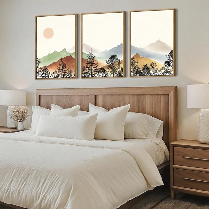 BINCUE Boho Mountain Canvas Wall Art Framed Mountain Wood Wall Decor for Living Room Bedroom Office 3 Panel 16x24 Inches