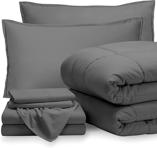 Bare Home 8-Piece Bed-in-A-Bag - Split Queen (Comforter Set: Grey, Sheet Set: Grey)