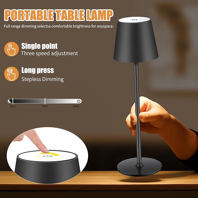 2 Pack Cordless Table Lamp,Portable LED Desk Lamp, 6000mAh Battery Operated, 3 Color Stepless Dimming Up, for Restaurant/Bedroom/Bars/Outdoor Party/Camping/Coffee Shop Night Light