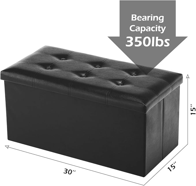 Youdesure Folding Storage Ottoman Bench, Faux Leather Footrest Couch for Living Room, 30 inch Storage Bench with Padded Seat for Bedroom Hallway, Holds up to 350lbs, Black