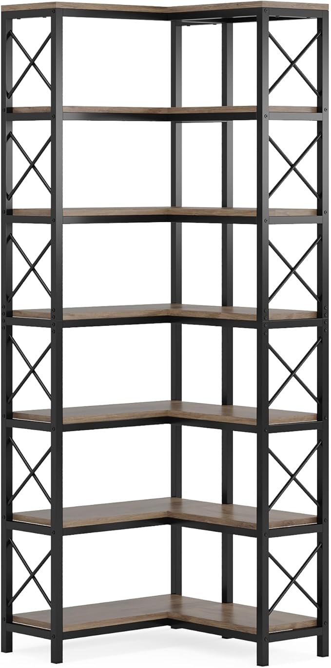 Tribesigns 7-Tier Corner Bookcase, Industrial Large Corner Bookshelf, 7-Shelf Tall Corner Shelf Storage Display Rack with Metal Frame for Living Room Home Office, Grey