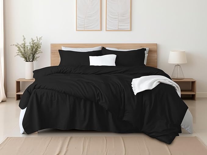 Black Duvet Cover Set Queen Size 100% Egyptian Cotton 3Pcs Home Bedding Set- 1 Duvet Cover with 2 Pillowcases, 400 Thread Count Super Soft Comforter Cover with Corner Ties(90x90 Inches, Black)