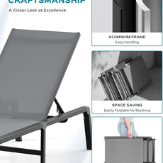 Ciokea Patio Chaise Lounge Chair, Foldable Lounge Chair for Outside, Aluminum Chairs Set of 2 with 5 Adjustable Backrest, Outdoor Pool Lounger for Poolside, Lawn, Deck, Grey