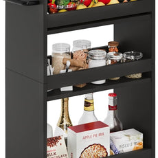 TEAMIX 4 Tier Slim Storage Cart with Handle, Slide Out Storage Rolling Utility Cart Mobile Shelving Unit Organizer Trolley for Small Spaces Kitchen Laundry Narrow Places (Black+Brown, 7-7/8'' W)