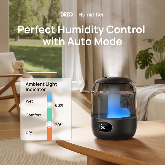 Dreo Humidifiers for Bedroom, 3L Top Fill 30H & 26dB Quiet Runtime for Large Room, Cool Mist Ultrasonic Humidifier with Humidity Sensor, Night Light for Home, Baby, Nursery, Plants, 360° Nozzle, Black