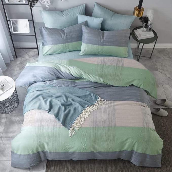 VM VOUGEMARKET Blue Patchwork Duvet Cover Set Queen Multi-Dimensional Design Modern Bedding Set Plaid Mint Green with Stripes Soft Cotton Comforter Cover with Zipper Closure-No Filling