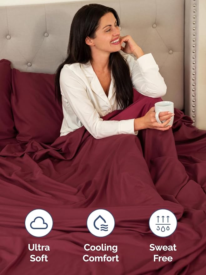Extra Deep Pocket Cal King Sheets - 4 Piece Breathable & Cooling Bed Sheets - Hotel Luxury Bed Sheet Set - Soft, Wrinkle Free & Comfy - Easily Fits Extra Deep Mattresses - Deep Pocket Burgundy Sheets