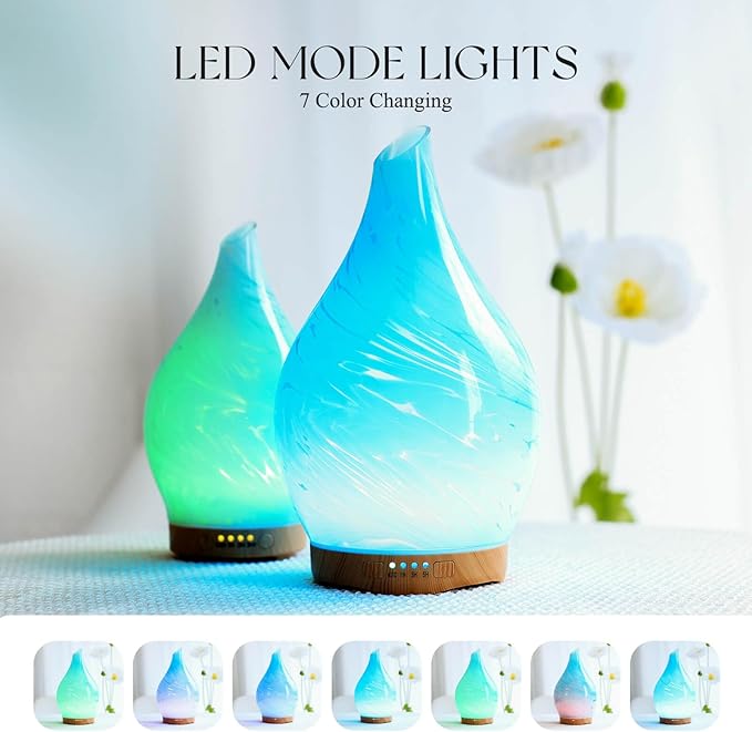 Porseme 280ml Essential Oil Diffuser Glass Color Changing Aroma Air Diffusers Aromatherapy Ultrasonic Cool Mist Humidifier 7 Running Hours Waterless Auto-off for Sleeping, Yoga, Office, Spa(Blue Wave)