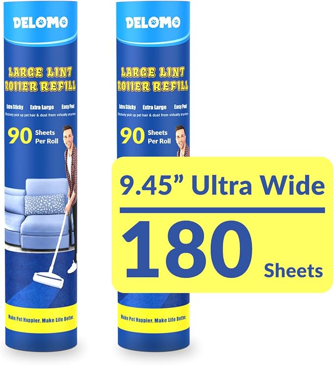 Lint Roller Refills (2 Pack, 180 Sheets) – DELOMO 9.45 in Large Lint Roller Refill, Compatible Only with DELOMO Large Lint Roller, for Cleaning Carpets, Cars, Beds, Couches & Pet Hair