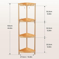 Orimade Rustproof 4 Tier Floor Standing Corner Shower Caddy Organizer, Plastic Aluminum Splicing Floor Corner Shelf Rack Storage Stands for Bathroom, Wood Grain Surface