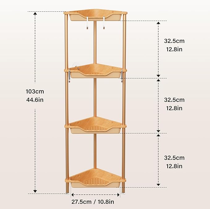 Orimade Rustproof 4 Tier Floor Standing Corner Shower Caddy Organizer, Plastic Aluminum Splicing Floor Corner Shelf Rack Storage Stands for Bathroom, Wood Grain Surface
