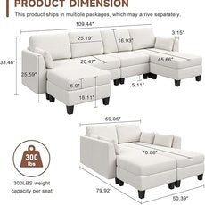 Modular Sectional Sofa, Convertible U Shaped Sofa Couch with High Density Memory Foam, Modern U Shaped Sectional Sofa, 6 Seat Comfy Modular Sofa Couch for Living Room, Beige