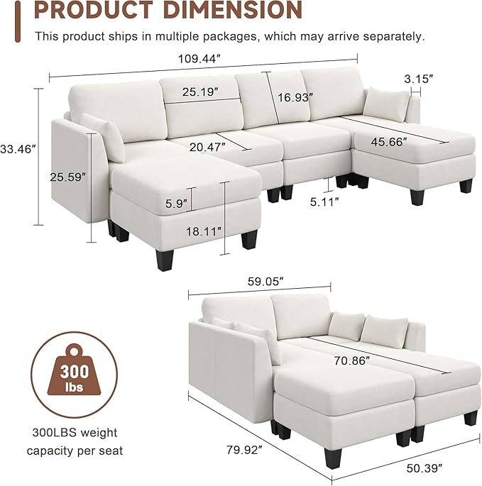 Modular Sectional Sofa, Convertible U Shaped Sofa Couch with High Density Memory Foam, Modern U Shaped Sectional Sofa, 6 Seat Comfy Modular Sofa Couch for Living Room, Beige