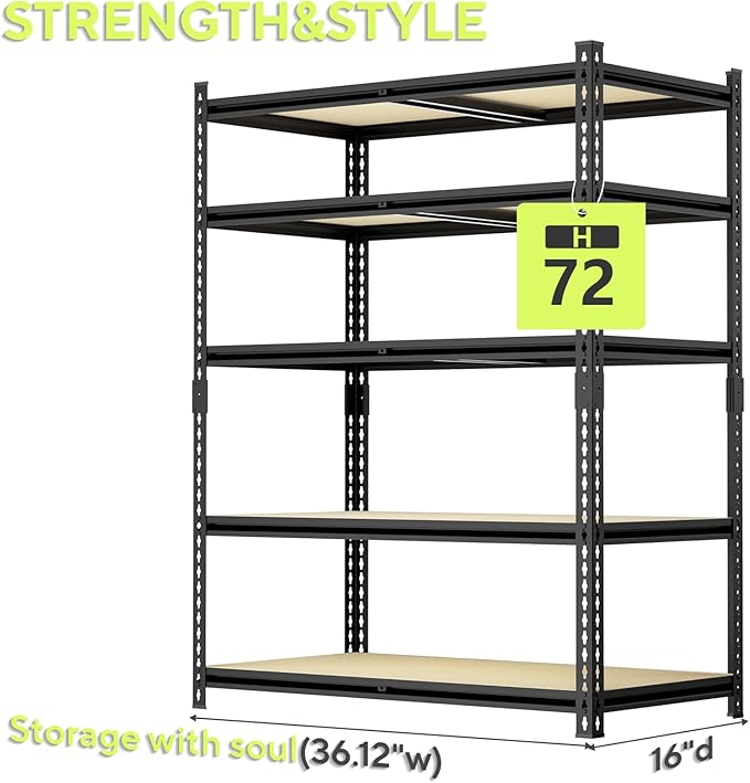 36.12"W: Father&I 5-Shelf-Storage-Rack Industrial Metal+Wood Garage/Kitchen Shelves Steel Utility Stand Shelving Unit Adjustable Heavy-Duty Shed/Closet/Pantry Organizer 72"h*36.12W*16d, Black