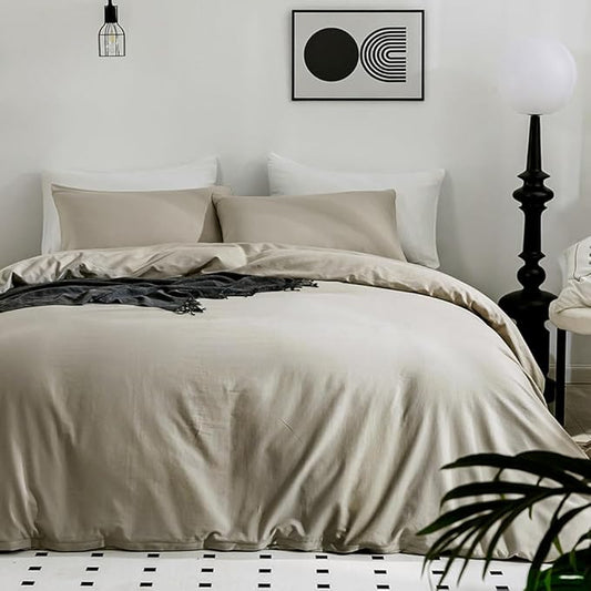 JELLYMONI Cotton Duvet Cover California King - 100% Washed Cotton Comforter Cover, 3 Pieces Soft Bedding Set with Zipper Closure (Linen Grey, Cal King 104"x98")