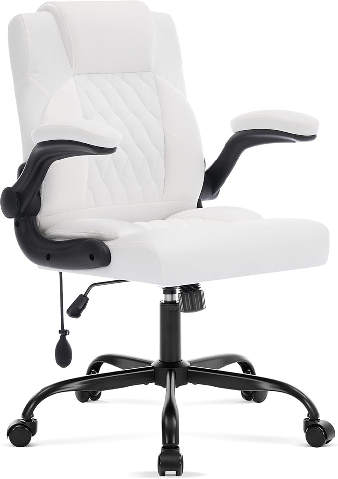 Office Chair with Adjustable Inflatable Lumbar Support,Leather Ergonomic Computer Desk Chair with Flip-up Arms,Adjustable Tilt Lock,Swivel Rolling Executive PC Chair for Work,Study,Meeting.White
