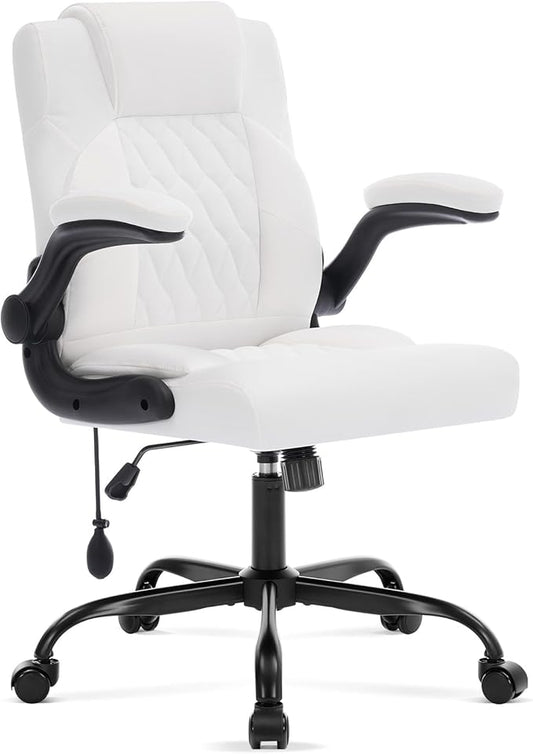 Office Chair with Adjustable Inflatable Lumbar Support,Leather Ergonomic Computer Desk Chair with Flip-up Arms,Adjustable Tilt Lock,Swivel Rolling Executive PC Chair for Work,Study,Meeting.White