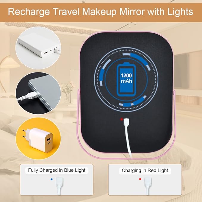 Lighted Vanity Mirror, Rechargeable Travel Makeup Mirror with Lights, 8''x6'' Desk Mirror with Lights,Make up Mirror with Lighting for Makeup Desk ＆ Dressing Room