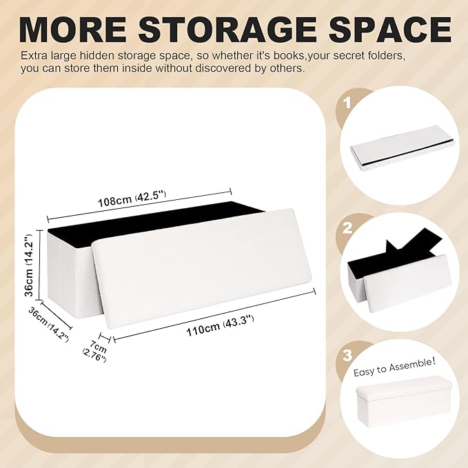 PINPLUS Folding Storage Ottoman Bench, Upholstered Sherpa Ottoman, Large Storage Chest Footrest Footstool with Lids, Entryway Bench for Living Room Bedroom, White, 43.3'' x 15'' x 15''