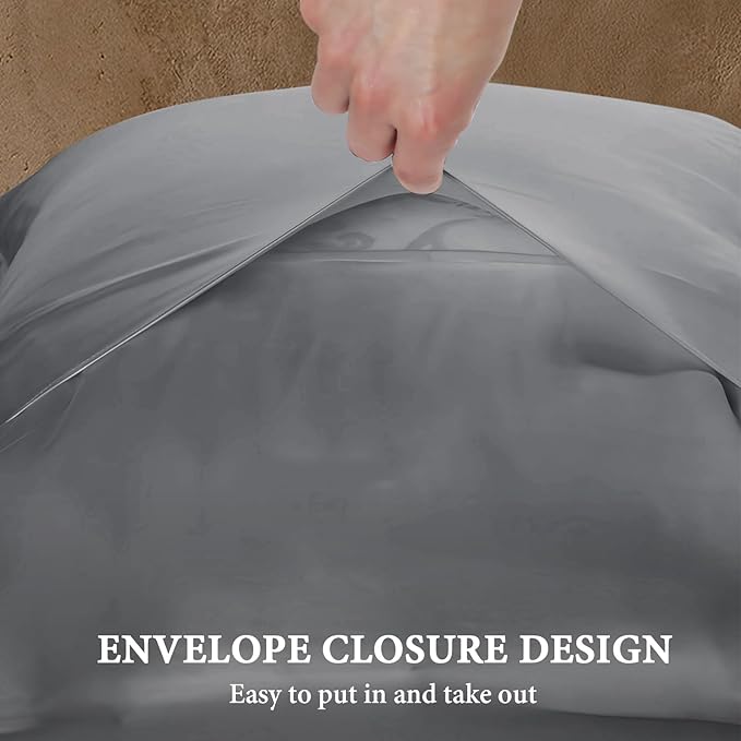 BHZ Grey Satin Goose Down Feather Pillows Queen Size Set of 2 with Satin Pillowcase for Hair and Skin, Cooling Pillow Cases Similar to Silk Pillow Cases, Decorative for Women, Mom Men