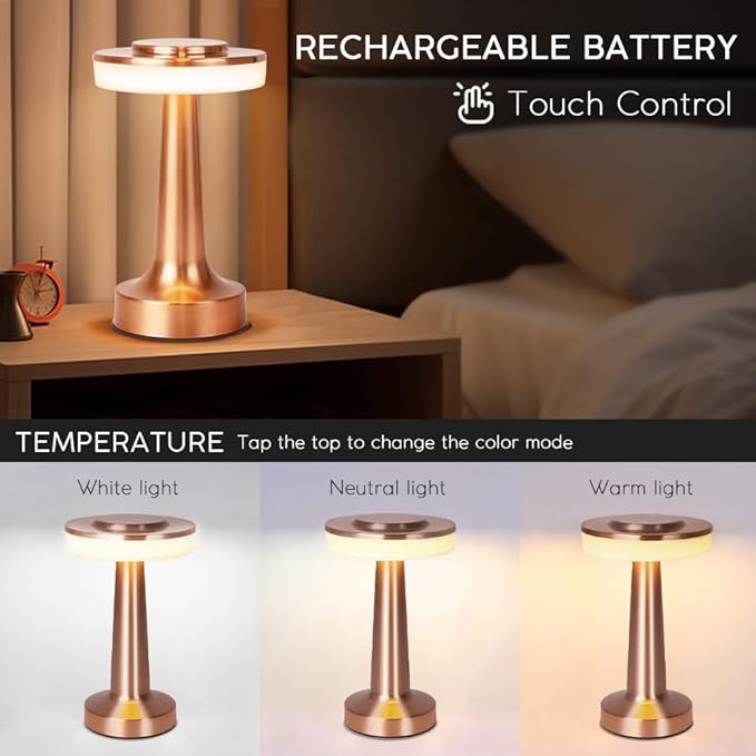 Cordless Metal Desk Lamp, Touch Sensor Control LED Table lamp,3 Color Stepless Dimmable Battery Powered Lamp for Living Room, Dorm, Home Office (Rose Gold)