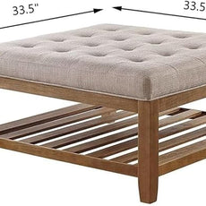 24KF Large Square Upholstered Tufted Linen Ottoman Coffee Table, Large Footrest Ottoman with Solid Wood Shelf-Linen