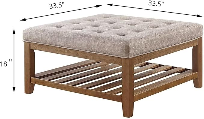 24KF Large Square Upholstered Tufted Linen Ottoman Coffee Table, Large Footrest Ottoman with Solid Wood Shelf-Linen