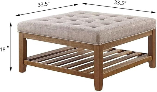 24KF Large Square Upholstered Tufted Linen Ottoman Coffee Table, Large Footrest Ottoman with Solid Wood Shelf-Linen