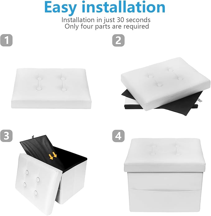 AmasSmile White Storage Ottoman Folding Foot Rest Stool with Side Pocket, 16 inch Leather Footstool Bench, Short Ottoman Bench, Storage Foot Rest Store, Books