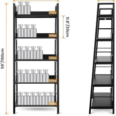 Himimi Black Ladder Bookshelf, 5 Shelf Bookcase Industrial Bookshelf Wood and Metal Bookshelves, Plant Flower Stand Rack Book Storage Shelves for Living Room, Bedroom, Home Office