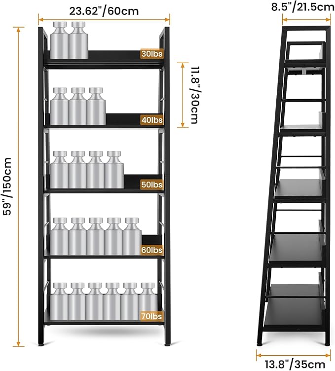 Himimi Black Ladder Bookshelf, 5 Shelf Bookcase Industrial Bookshelf Wood and Metal Bookshelves, Plant Flower Stand Rack Book Storage Shelves for Living Room, Bedroom, Home Office