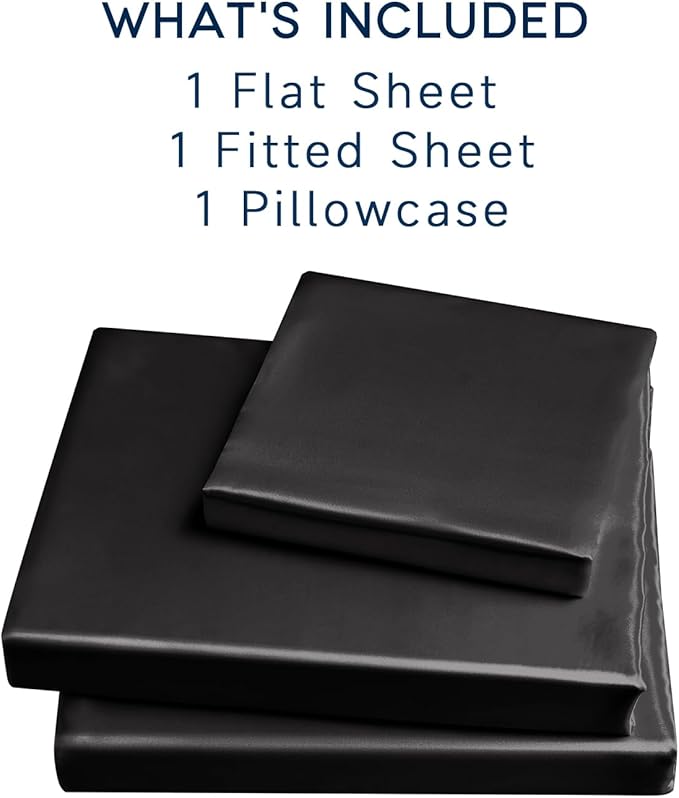 Satin Sheets Twin XL Size - 3 Pieces Luxury Silky Soft Bed Sheets, Wrinkle-Free Black Satin Silk Sheet Set with 1 Deep Pocket Fitted Sheet, 1 Flat Sheet, 1 Pillow case