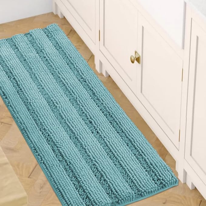 H.VERSAILTEX Bath Rugs for Bathroom Non Slip Bath Mats Extra Thick Chenille Striped Bath Rug Runners 47" x 17" Absorbent Fluffy Soft Shaggy Mats Dry Fast Plush Area Carpet for Bath Room - Aqua Haze